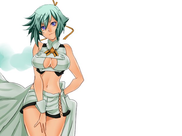 Anime picture 1600x1200 with aquarion (series) aquarion evol satelight zessica wong single short hair breasts blue eyes light erotic simple background white background bare shoulders green hair light smile girl navel ribbon (ribbons) hair ribbon