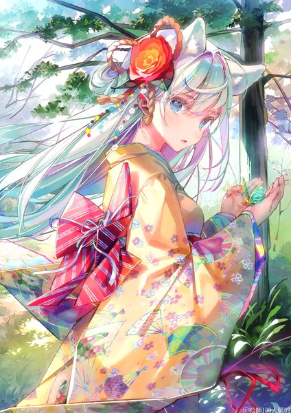 Anime picture 2477x3503 with original dsmile single long hair tall image looking at viewer blush fringe highres open mouth blue eyes standing animal ears silver hair outdoors traditional clothes japanese clothes wind cat ears scan