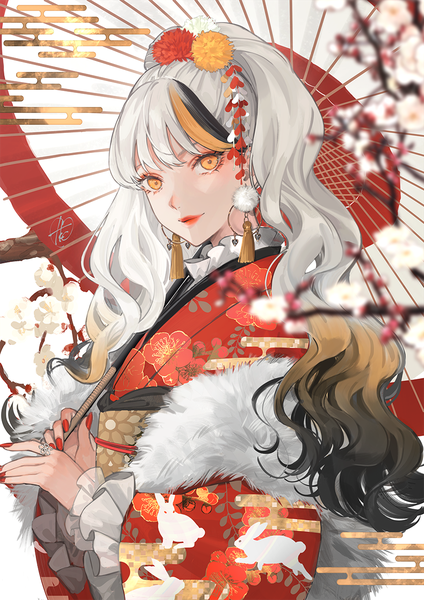 Anime picture 868x1228 with original takashi (huzakenna) single long hair tall image looking at viewer fringe silver hair ponytail nail polish traditional clothes japanese clothes multicolored hair orange eyes streaked hair lipstick wavy hair gradient hair red lipstick new year