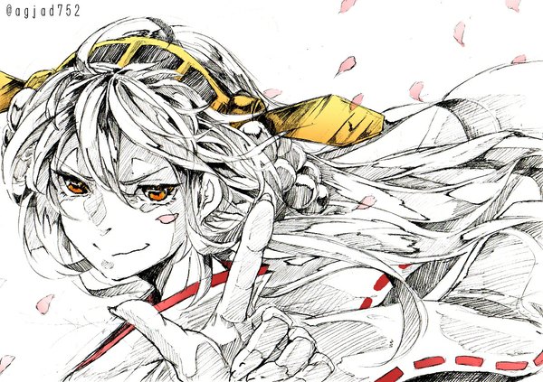 Anime picture 1104x780 with kantai collection kongou battleship agjad752 single long hair looking at viewer simple background smile white background fingernails wind orange eyes monochrome close-up long fingernails nontraditional miko girl hair ornament petals beads