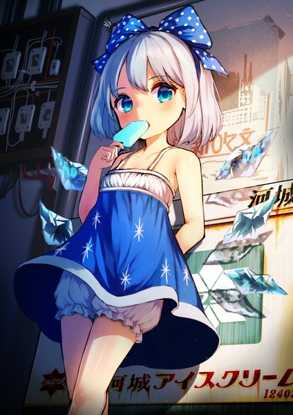 Anime picture 1191x1684 with touhou cirno pyonsuke (pyon2 mfg) single tall image looking at viewer fringe short hair blue eyes light erotic bare shoulders silver hair from below sleeveless eating polka dot arm behind back against wall girl dress