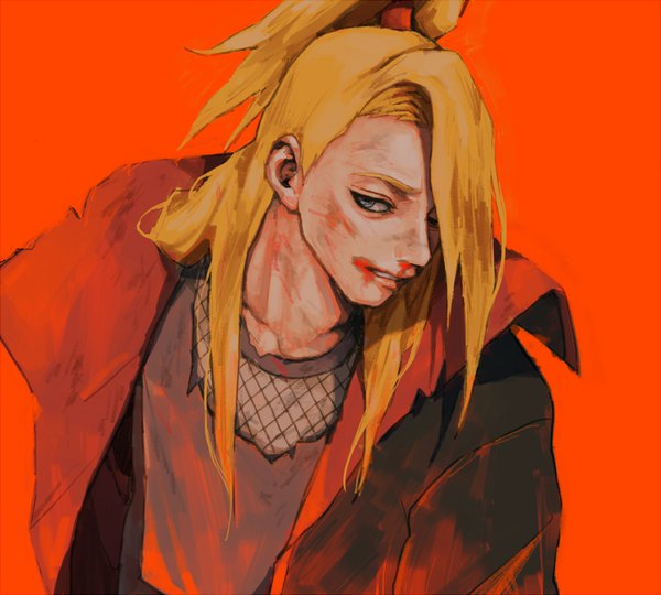 Anime picture 850x765 with naruto studio pierrot naruto (series) deidara subuta (butabutasubuta) single long hair looking at viewer fringe simple background blonde hair upper body parted lips head tilt hair over one eye open clothes grey eyes torn clothes red background blood on face