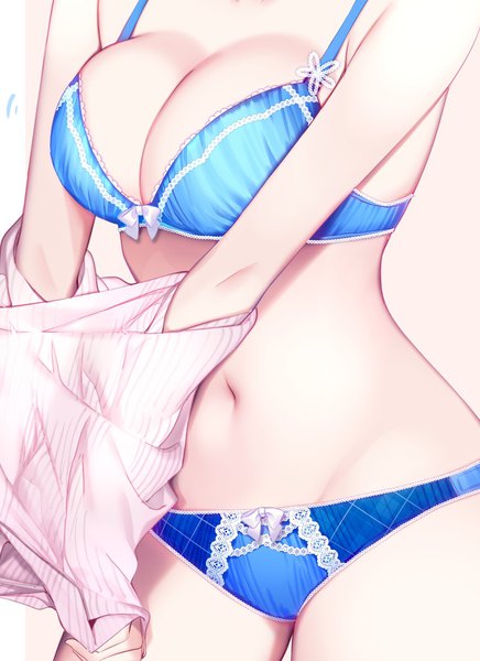 Anime picture 900x1239 with original chikuwa. single tall image breasts light erotic simple background large breasts standing undressing pink background head out of frame lace-trimmed bra lace-trimmed panties girl navel underwear panties lingerie bra
