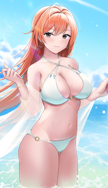 Anime picture 1400x2444 with idolmaster idolmaster shiny colors arisugawa natsuha tio (005) single long hair tall image looking at viewer blush fringe breasts light erotic smile hair between eyes large breasts standing payot sky cloud (clouds) ahoge