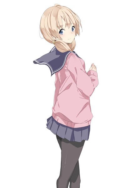Anime picture 600x848 with original akiha (attract) single long hair tall image looking at viewer blush fringe blue eyes simple background blonde hair smile white background twintails looking back low twintails girl uniform hair ornament pantyhose