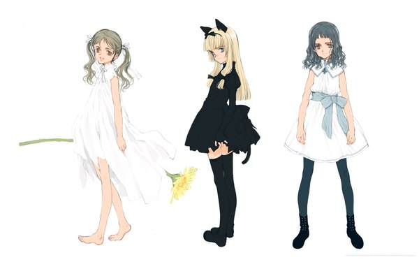 Anime picture 1920x1200 with shirotsume souwa littlewitch touka (shirotsume souwa) ema (shirotsume souwa) sayu (shirotsume souwa) oyari ashito long hair looking at viewer fringe highres open mouth blue eyes blonde hair smile wide image standing white background twintails multiple girls holding