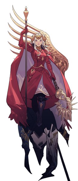 Anime picture 800x1855 with fire emblem fire emblem: three houses nintendo edelgard von hresvelg vavafle single tall image looking at viewer short hair simple background white background purple eyes holding full body arm up horn (horns) girl dress gloves red dress