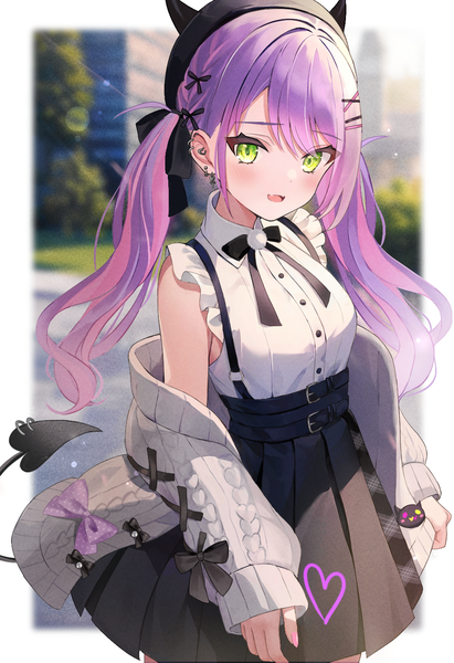 Anime picture 1020x1488 with virtual youtuber hololive tokoyami towa tokoyami towa (jirai kei) aria (ariacue) single long hair tall image looking at viewer blush open mouth twintails green eyes purple hair tail :d pleated skirt piercing official alternate costume border