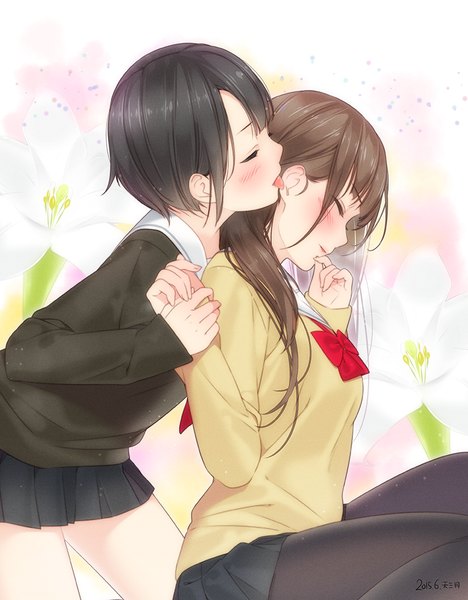 Anime picture 781x1000 with original ama mitsuki long hair tall image blush short hair black hair brown hair multiple girls eyes closed shoujo ai girl skirt uniform flower (flowers) 2 girls school uniform