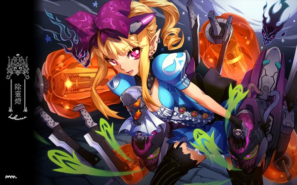 Anime picture 1680x1050 with original mhk (mechamania) single long hair open mouth blonde hair wide image cleavage pink eyes pointy ears halloween ghost mechanical girl thighhighs gloves bow black thighhighs hair bow earrings