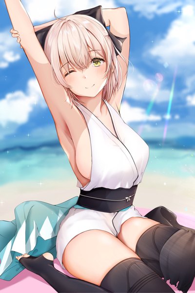 Anime picture 1365x2048 with fate (series) fate/grand order okita souji (fate) (all) okita souji (koha-ace) uiri-na single tall image looking at viewer blush fringe short hair breasts light erotic blonde hair smile hair between eyes large breasts sitting yellow eyes sky