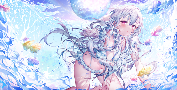 Anime picture 1994x1016 with original komeshiro kasu single long hair looking at viewer blush fringe highres breasts open mouth light erotic hair between eyes red eyes wide image silver hair :o tattoo floating hair gradient hair on all fours
