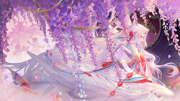 Anime picture 2311x1300 with onmyoji criin single highres wide image holding white hair very long hair traditional clothes japanese clothes black eyes wide sleeves floating hair facial mark looking down angel wings head wings silhouette monster girl forehead mark