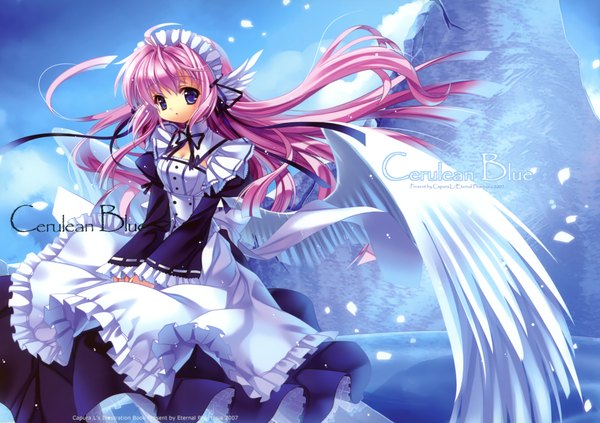 Anime picture 4300x3032 with capura lin long hair highres blue eyes pink hair absurdres maid head wings rock girl petals wings headdress maid headdress