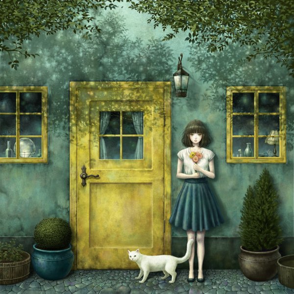 Anime picture 1209x1209 with original fuumi (kazami) single looking at viewer blush short hair brown hair shadow grey eyes girl skirt flower (flowers) plant (plants) animal building (buildings) cat lantern potted plant house door