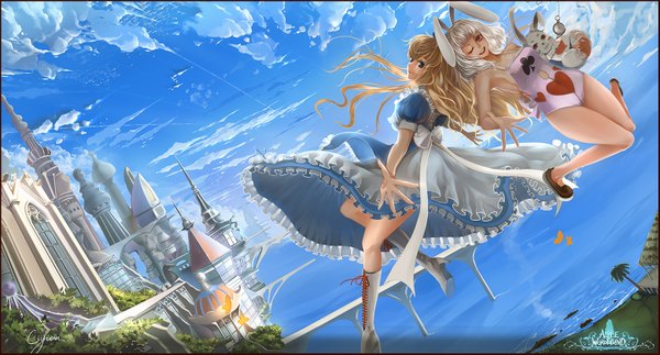 Anime picture 1557x839 with alice in wonderland alice (wonderland) ciyuan long hair short hair open mouth blue eyes blonde hair smile red eyes wide image multiple girls animal ears sky cloud (clouds) white hair one eye closed wink bunny ears girl