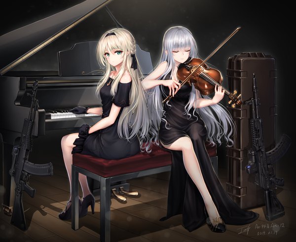 Anime-Bild 1500x1227 mit girls frontline ak-12 (girls frontline) an-94 (girls frontline) baek hyang long hair looking at viewer fringe blonde hair hair between eyes sitting bare shoulders multiple girls holding signed payot silver hair full body blunt bangs braid (braids) eyes closed