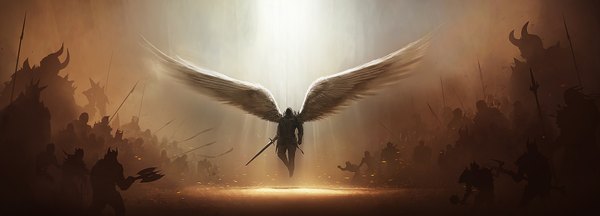 Anime picture 1920x693 with diablo (game) blizzard entertainment tyrael tobylewin wide image light flying angel wings angel army weapon sword armor hood monster