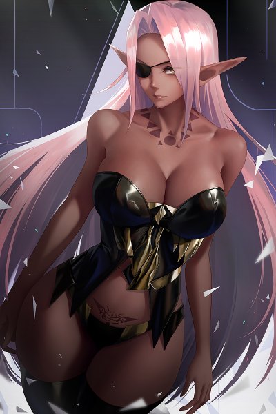 Anime picture 800x1200 with original obaoba (monkeyix) single long hair tall image looking at viewer fringe breasts light erotic simple background large breasts standing bare shoulders yellow eyes payot pink hair cleavage pointy ears hair over one eye tattoo