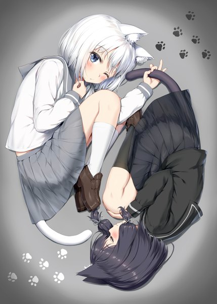 Anime picture 3008x4211 with original nedia (nedia region) tall image looking at viewer blush fringe highres short hair blue eyes black hair simple background multiple girls animal ears absurdres full body white hair tail lying eyes closed animal tail