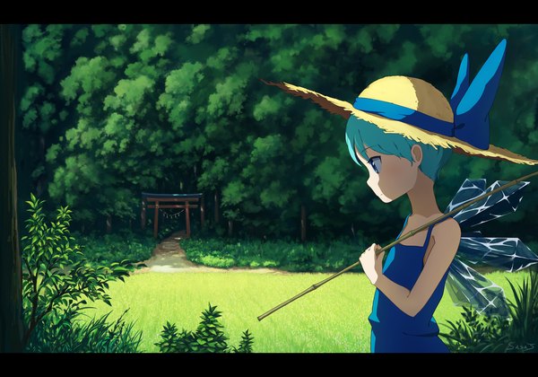 Anime picture 1903x1332 with touhou cirno sasaj single highres short hair blue eyes signed blue hair outdoors profile looking down letterboxed alternate hairstyle landscape expressionless scenic nature alternate hair length field