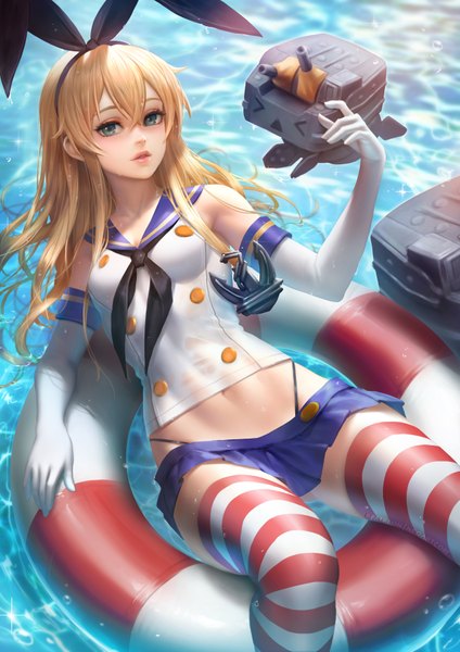 Anime picture 2480x3508 with kantai collection shimakaze destroyer rensouhou-chan nudtawut thongmai single long hair tall image looking at viewer blush fringe highres light erotic blonde hair hair between eyes payot lying eyes closed pleated skirt arm up from above