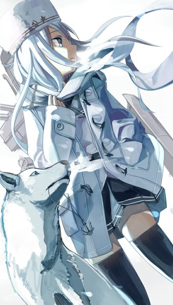 Anime picture 569x1000 with kantai collection hibiki destroyer verniy destroyer fujita (condor) single long hair tall image fringe simple background standing white background looking away pleated skirt aqua eyes aqua hair exhalation steam hammer and sickle girl thighhighs