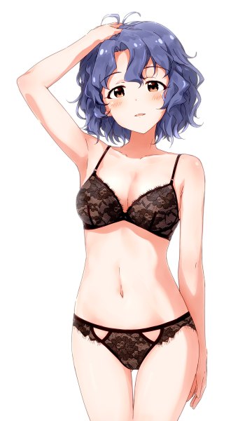 Anime picture 720x1200 with idolmaster idolmaster million live! toyokawa fuuka suke (momijigari) single tall image looking at viewer blush fringe short hair breasts open mouth light erotic simple background hair between eyes standing white background bare shoulders brown eyes blue hair