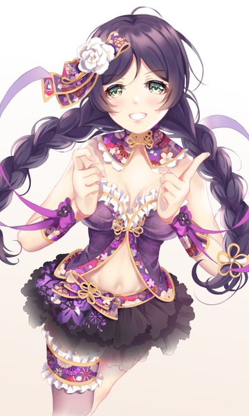 Anime picture 1200x2000 with love live! school idol project love live! school idol festival sunrise (studio) love live! toujou nozomi unnik single long hair tall image looking at viewer blush fringe breasts simple background smile standing white background bare shoulders green eyes cleavage