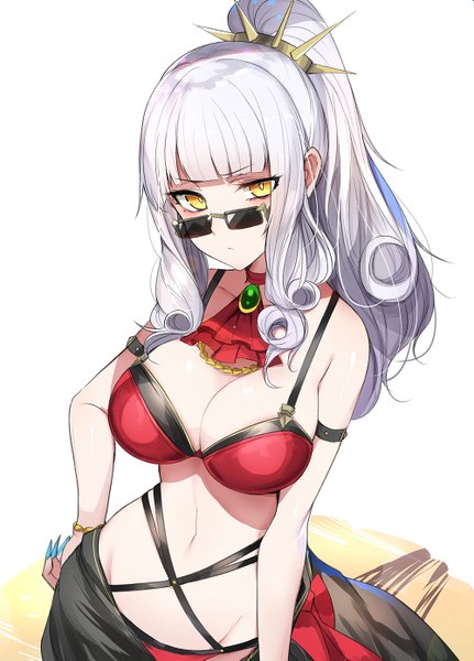 Anime picture 1000x1391 with fate (series) fate/grand order carmilla (fate) luse maonang single long hair tall image looking at viewer blush fringe breasts light erotic simple background large breasts standing white background yellow eyes payot cleavage white hair