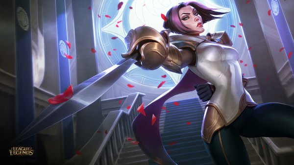 Anime picture 1536x864 with league of legends fiora (league of legends) single looking at viewer short hair breasts blue eyes black hair wide image pink hair multicolored hair lips two-tone hair official art streaked hair fighting stance girl weapon epee
