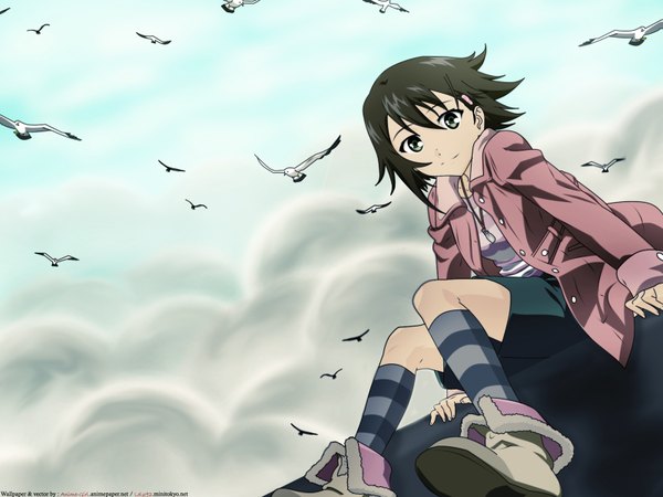 Anime picture 1600x1200 with true tears isurugi noe single looking at viewer fringe short hair black hair smile hair between eyes sitting green eyes cloud (clouds) bent knee (knees) outdoors long sleeves dutch angle vector girl animal bird (birds)