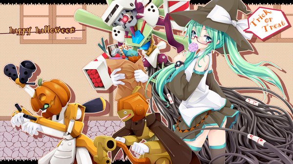 Anime picture 1920x1080 with vocaloid hatsune miku ogami kazuki long hair highres wide image twintails aqua eyes aqua hair halloween bespectacled happy halloween trick or treat girl detached sleeves glasses witch hat wire (wires) lollipop vegetables