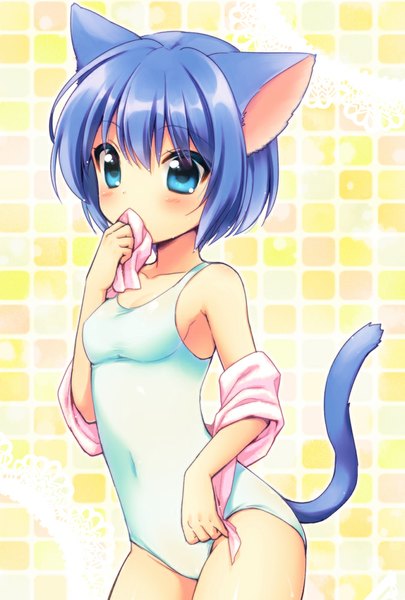 Anime picture 676x1000 with original onka usashiro mani single tall image blush short hair blue eyes light erotic animal ears blue hair tail animal tail cat ears cat girl cat tail lolicon girl swimsuit one-piece swimsuit