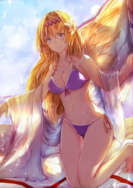 Anime picture 1158x1637 with granblue fantasy jeanne d'arc (granblue fantasy) otsunabe (naabe delta) single long hair tall image looking at viewer blush fringe breasts blue eyes light erotic smile hair between eyes large breasts holding sky cleavage cloud (clouds) full body