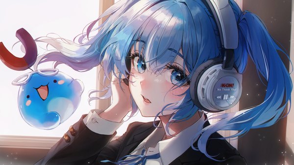 Anime-Bild 5760x3240 mit virtual youtuber stellive arahashi tabi bbeedol single long hair looking at viewer blush fringe highres open mouth blue eyes hair between eyes wide image twintails payot blue hair absurdres upper body long sleeves