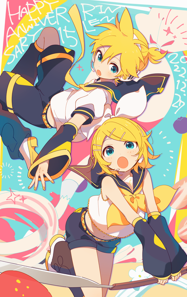 Anime picture 2410x3827 with vocaloid kagamine rin kagamine len 4 (nakajima4423) tall image looking at viewer highres short hair open mouth blonde hair aqua eyes character names dated siblings twins sailor collar brother and sister anniversary girl boy