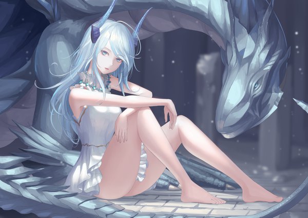 Anime picture 3000x2125 with original rinmmo single long hair looking at viewer fringe highres blue eyes light erotic sitting blue hair full body parted lips barefoot horn (horns) sleeveless fantasy girl dress white dress