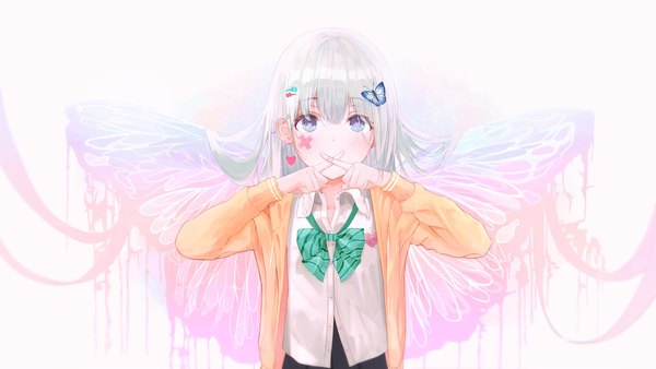 Anime picture 5760x3240 with original neiless neiro single long hair looking at viewer blush fringe highres blue eyes simple background wide image white background absurdres silver hair upper body long sleeves open clothes piercing facial mark ear piercing
