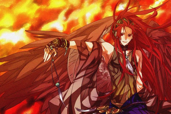 Anime picture 1441x960 with harukanaru toki no naka de sazaki (harukanaru) kanome (artist) long hair red hair boy gloves wings hairband fingerless gloves jewelry