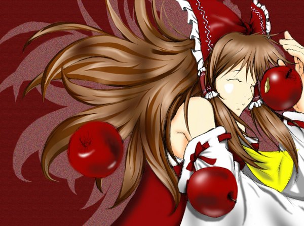 Anime picture 1280x950 with touhou hakurei reimu brown hair braid (braids) twin braids miko red background girl bow detached sleeves apple
