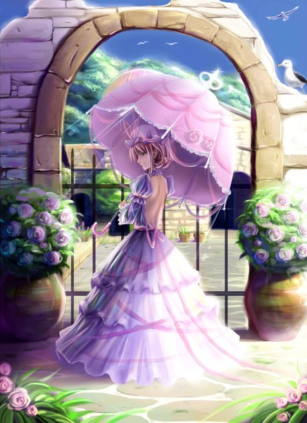 Anime picture 1700x2338 with touhou yakumo yukari saber 01 single tall image highres blonde hair smile yellow eyes back girl dress flower (flowers) ribbon (ribbons) animal bird (birds) rose (roses) umbrella pink rose arch