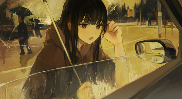 Anime picture 3801x2065 with original funabashi (iwzry) long hair fringe highres open mouth black hair wide image brown eyes looking away absurdres upper body blunt bangs arm up adjusting hair solo focus transparent umbrella girl hood umbrella
