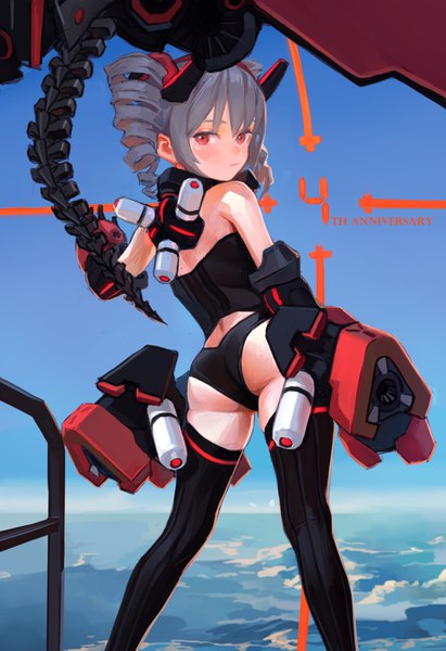 Anime picture 1000x1459 with honkai impact 3rd honkai (series) bronya zaychik bronya zaychik (black nucleus) fkey single tall image looking at viewer blush fringe short hair light erotic hair between eyes red eyes standing twintails bare shoulders payot sky cloud (clouds)