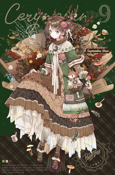 Anime picture 788x1200 with original rednian single tall image looking at viewer blush short hair smile brown hair green eyes signed animal ears full body hair flower horn (horns) text sleeves past wrists english antlers dress pull