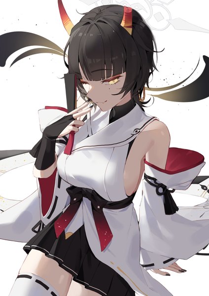 Anime picture 3035x4299 with blue archive niya (blue archive) yoru (0 0yoru) single tall image fringe highres short hair breasts light erotic black hair simple background white background yellow eyes absurdres blunt bangs nail polish one eye closed horn (horns) mole