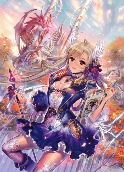 Anime picture 2807x3900 with midori foo long hair tall image highres blonde hair brown eyes fantasy head wings girl dress food book (books) staff berry (berries) dragon castle tower