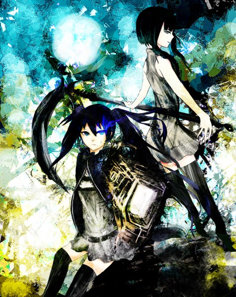 Anime picture 1009x1266 with black rock shooter black rock shooter (character) dead master long hair tall image looking at viewer blue eyes black hair twintails multiple girls green eyes girl thighhighs dress weapon black thighhighs 2 girls boots white dress scythe