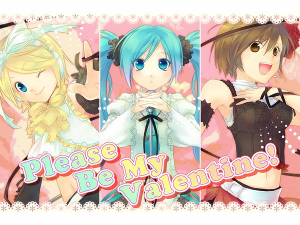 Anime picture 1024x768 with vocaloid hatsune miku kagamine rin meiko twintails girl