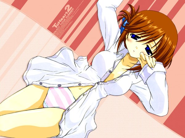 Anime picture 1280x960 with to heart 2 leaf (studio) komaki manaka light erotic lying from behind open clothes open shirt wallpaper striped sleepy underwear panties shirt striped panties